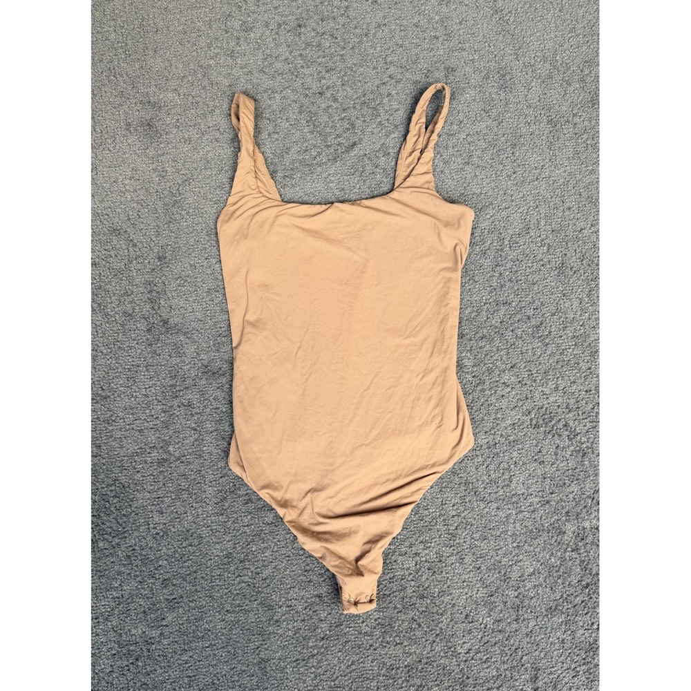 Auden Tan Square Neck Sleeveless Thong Bodysuit Small Neutral Basic Layering